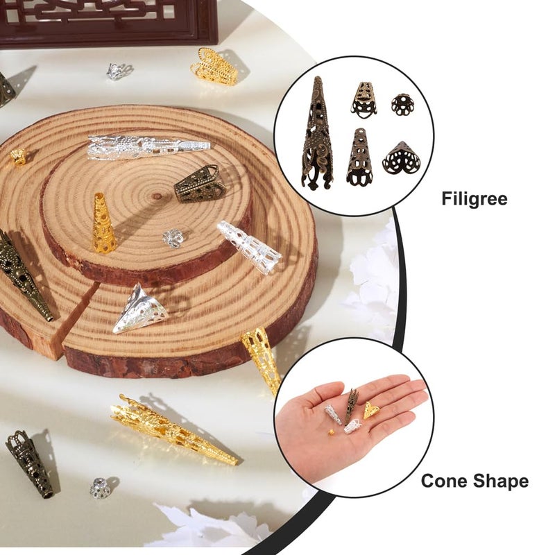 EEE ELECRELIVE Elecrelive 450Pcs Long Flower Bead Caps Hollow Cones Filigree Bead End Cap 5 Styles Pendant Cover Spacer Filigree Metal Embellishments for Tassel Jewelry Craft Bracelet Necklace DIY Making - Image 2